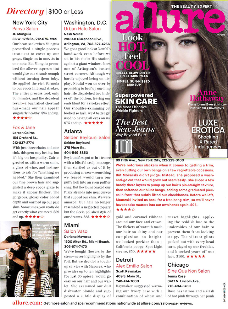 Allure magazine's 'Directory: $100 or Less' spread naming Panyc Salon among its top-rated affordable salons, alongside the magazine's July 2012 cover story on Anne Hathaway.